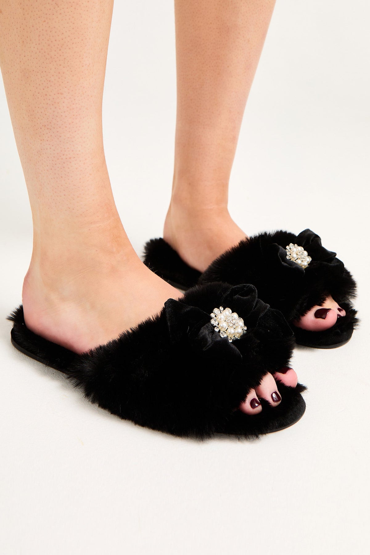 Anya Pearl Bow Faux Fur Slider Slippers Black