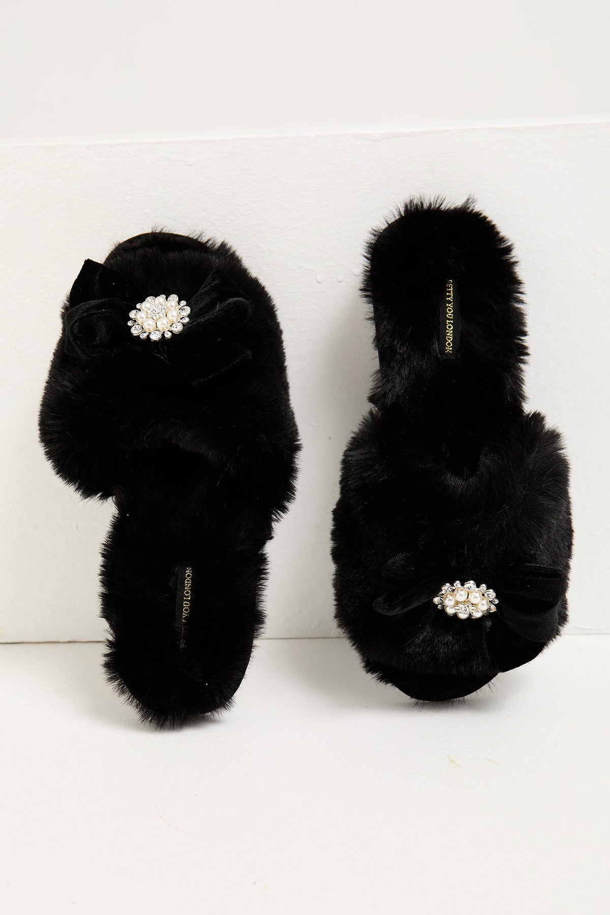Anya Pearl Bow Faux Fur Slider Slippers Black