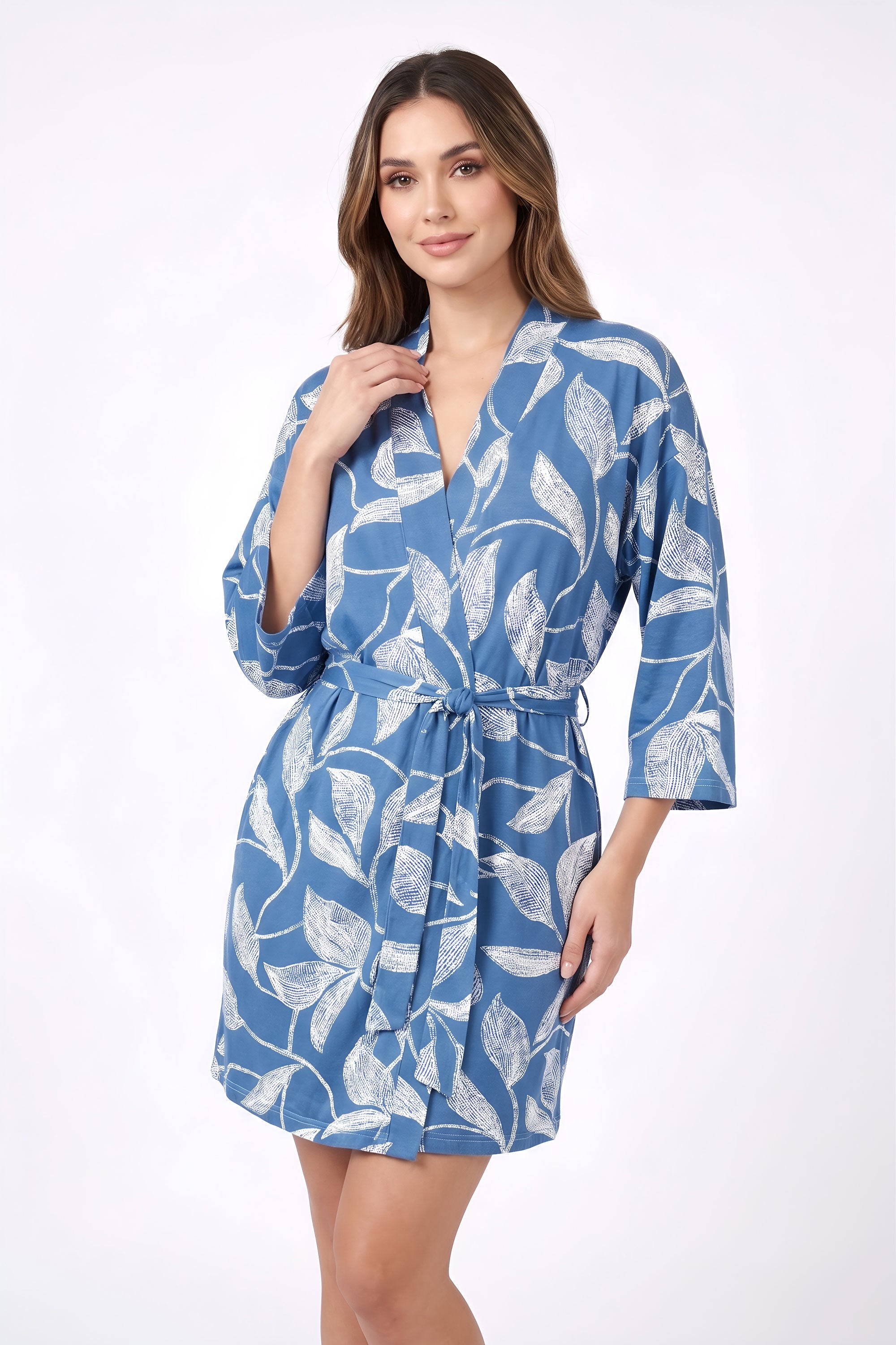 White Smoke Blue Leaf Print Kimono Robe