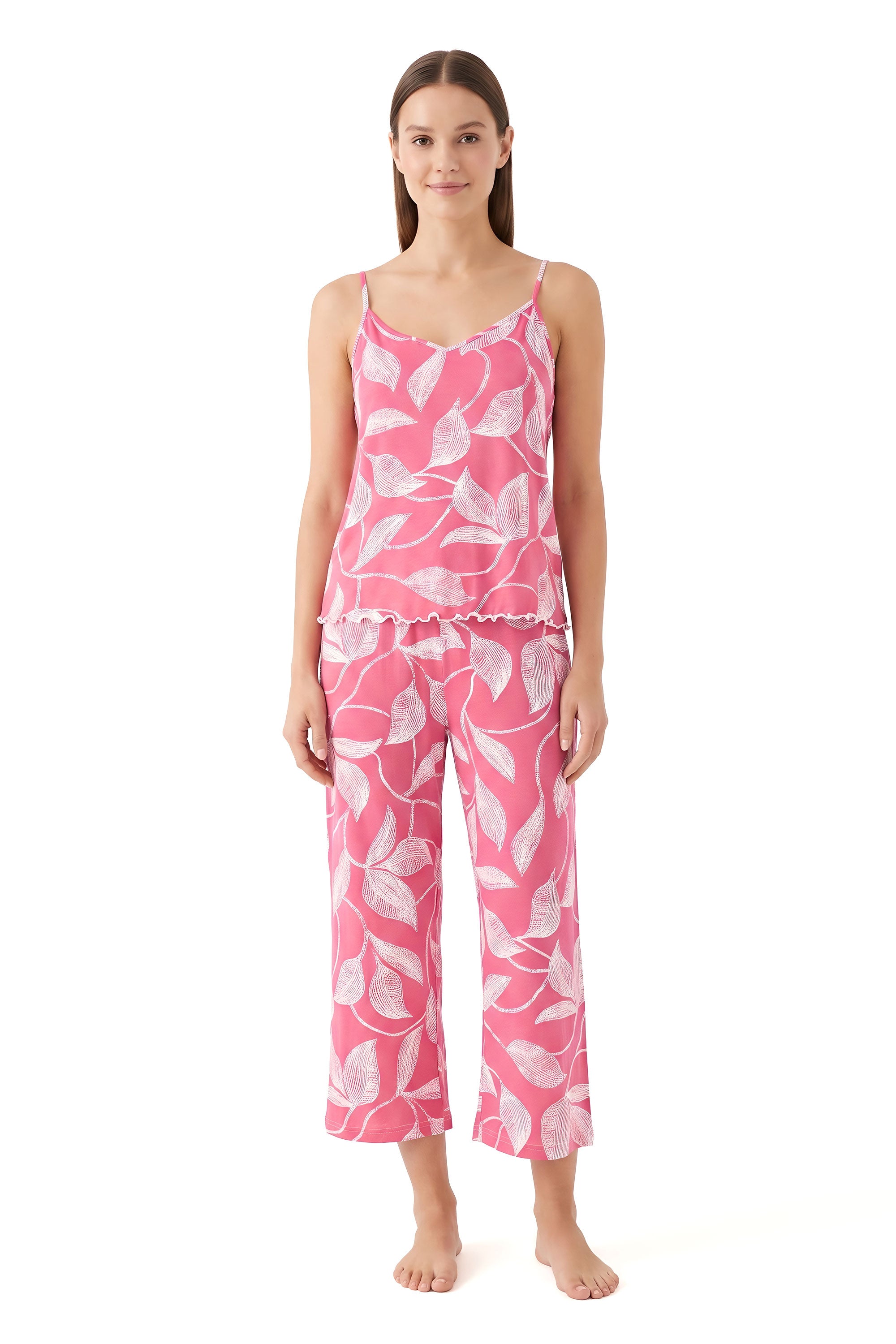 White Smoke Pink Floral Print Cropped Pajama Set