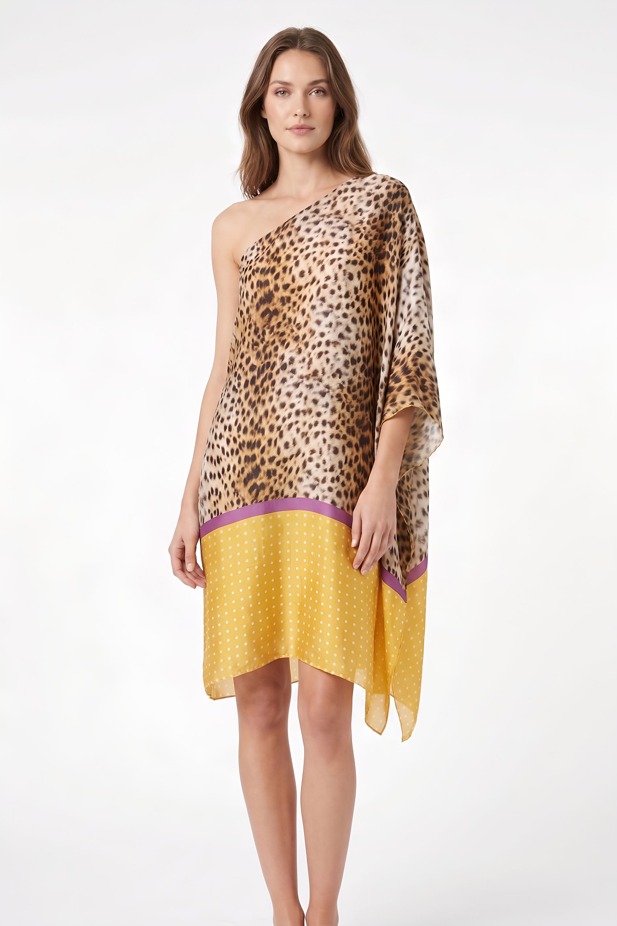 White Smoke Leopard Asymmetrical Silk Beach Tunic