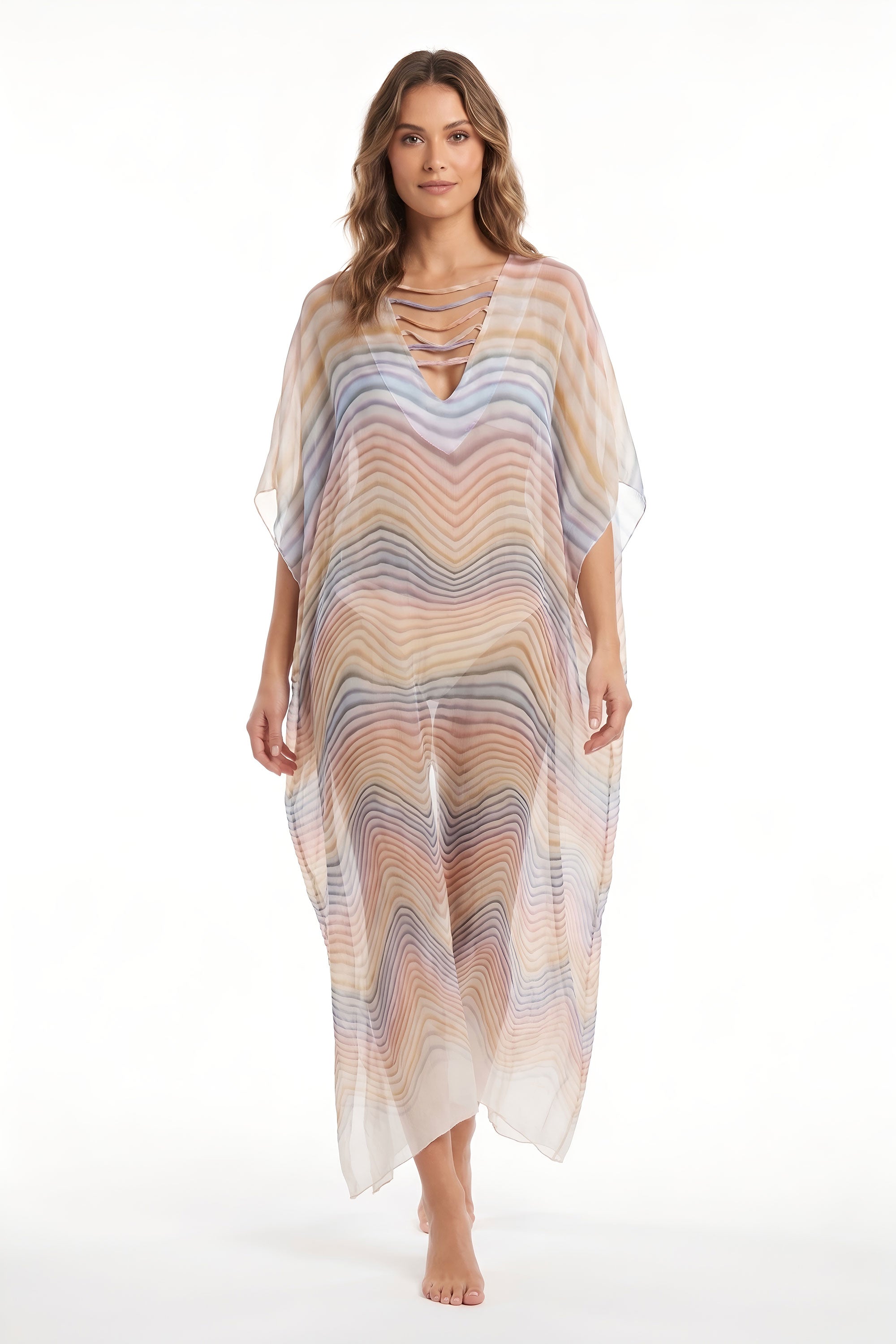 White Smoke Pastel Wave Print Sheer Beach Kaftan
