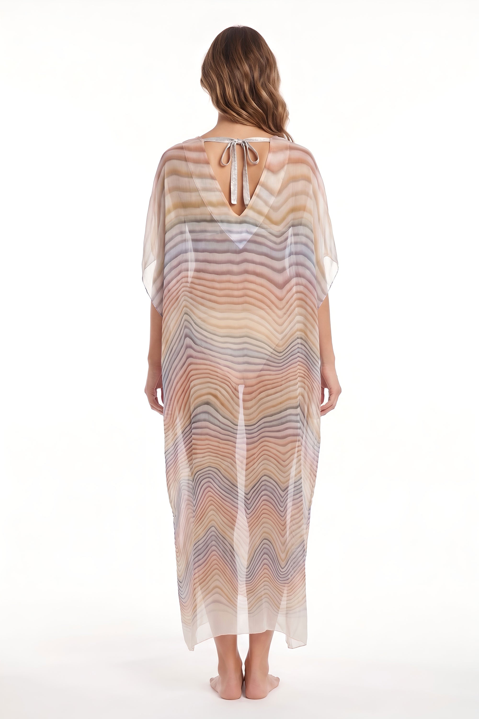White Smoke Pastel Wave Print Sheer Beach Kaftan