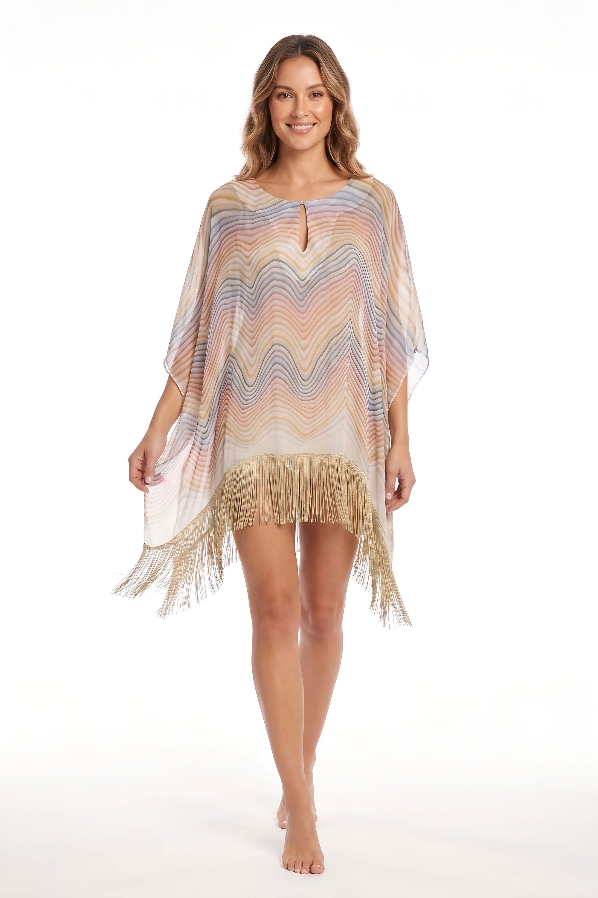 White Smoke Pastel Wave Print Sheer Short Kaftan