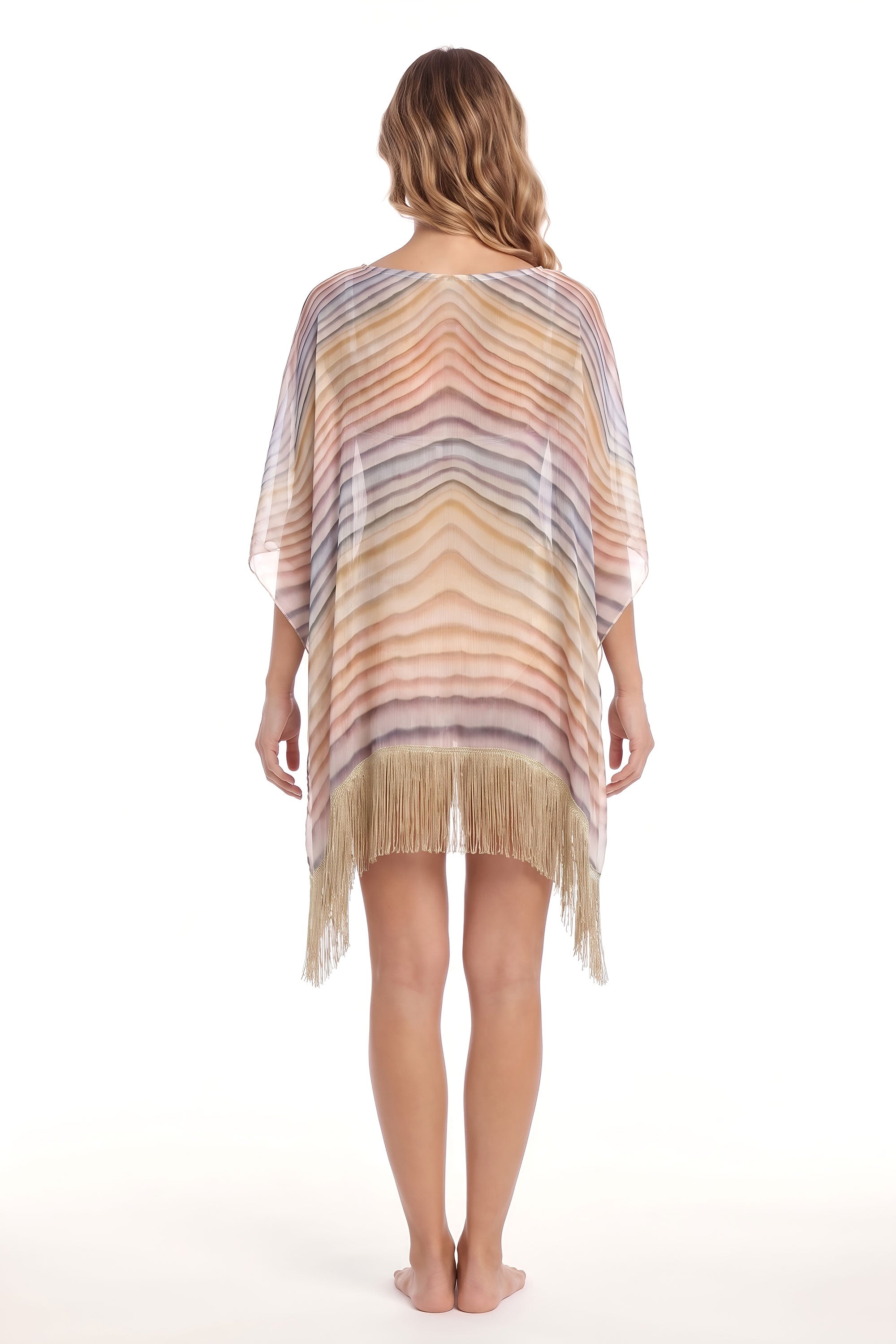 White Smoke Pastel Wave Print Sheer Short Kaftan