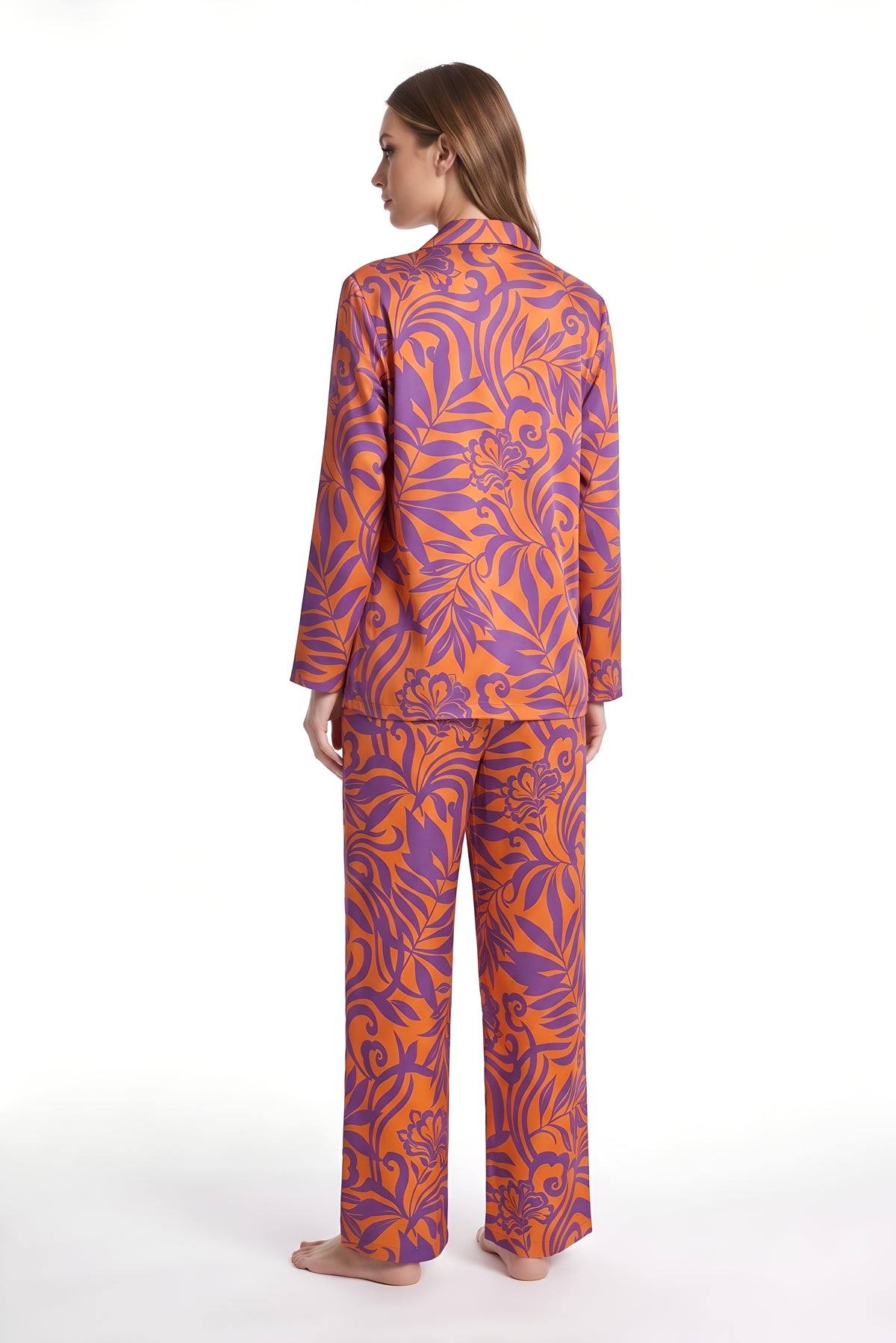 White Smoke Purple & Orange Tropical Print Satin Pajama Set