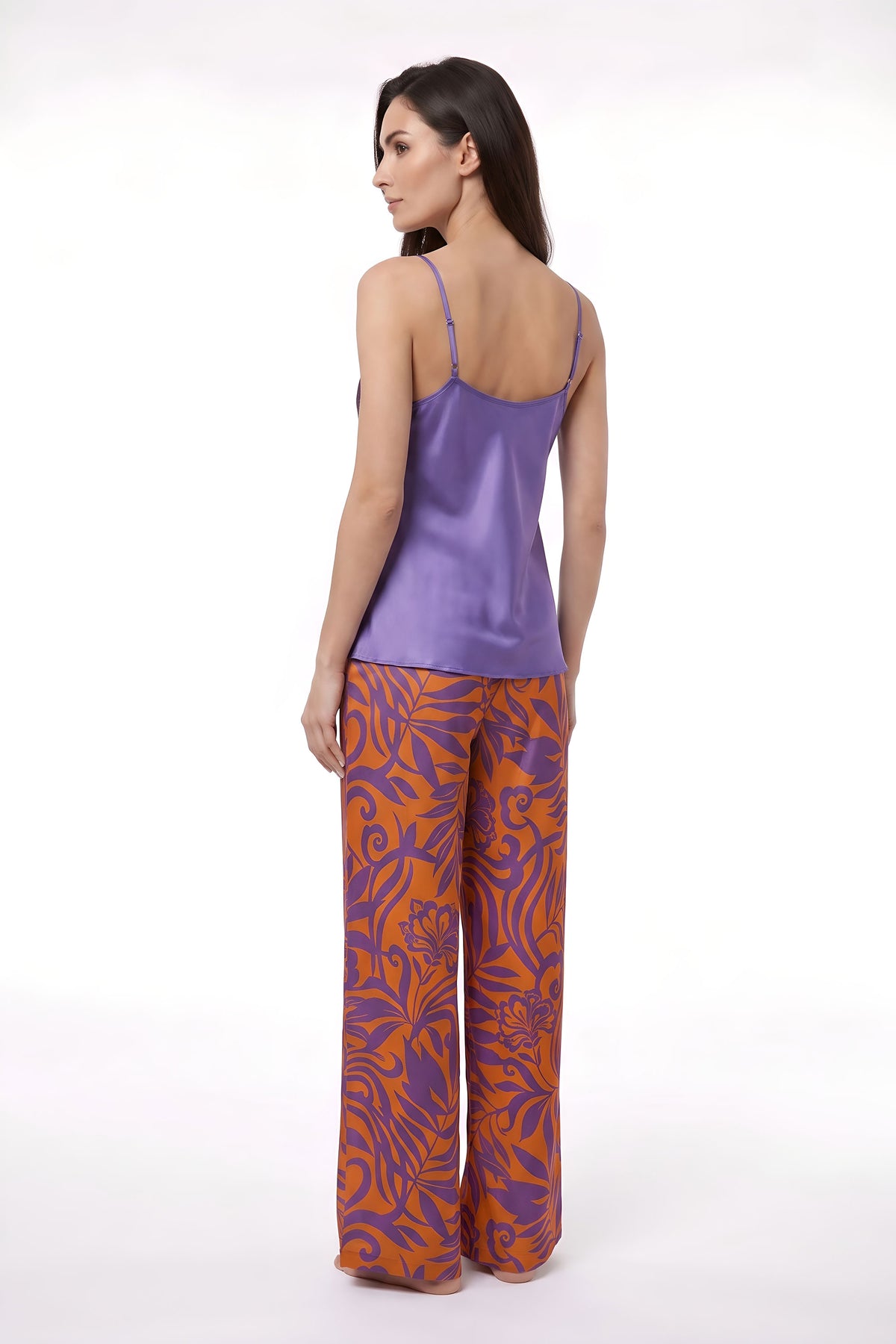 White Smoke Purple Lace-Trim Cami & Tropical Print Pajama Set