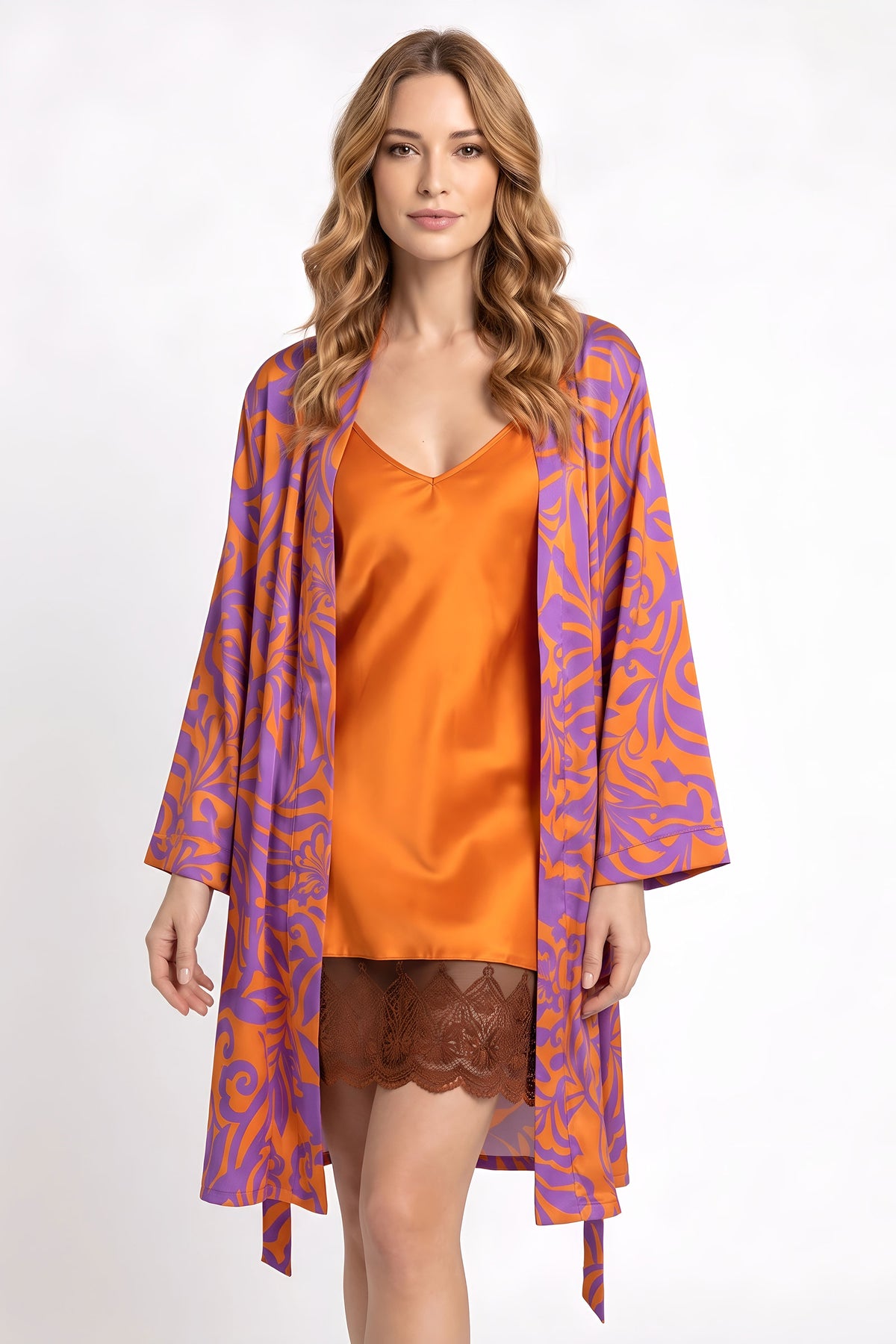 Purple Tropical Print Silk Robe & Orange Lace-Trim Chemise Set