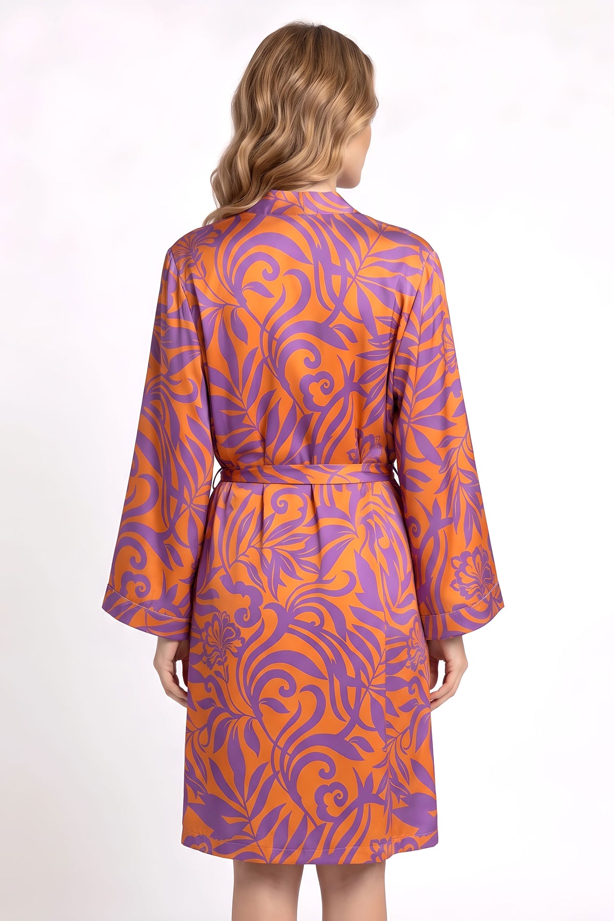 Purple Tropical Print Silk Robe & Orange Lace-Trim Chemise Set