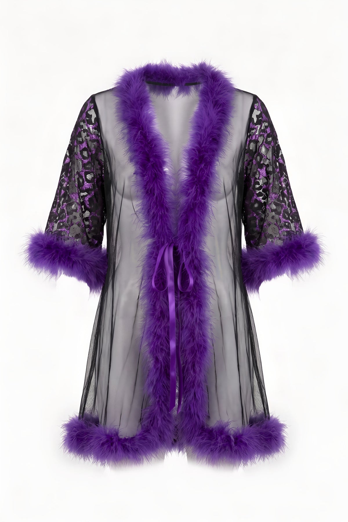 Purple Marabou Robe & Lace Babydoll Set