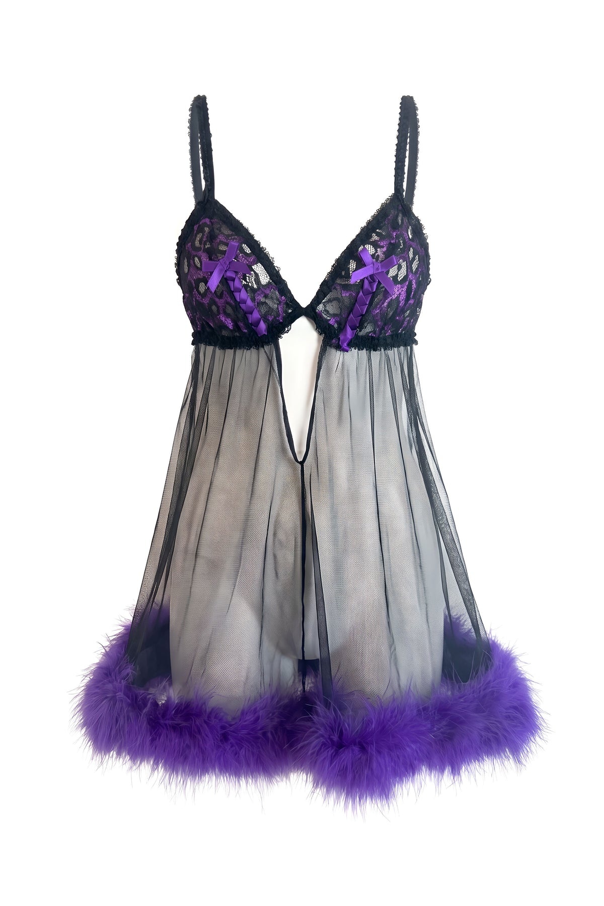 Purple Marabou Robe & Lace Babydoll Set