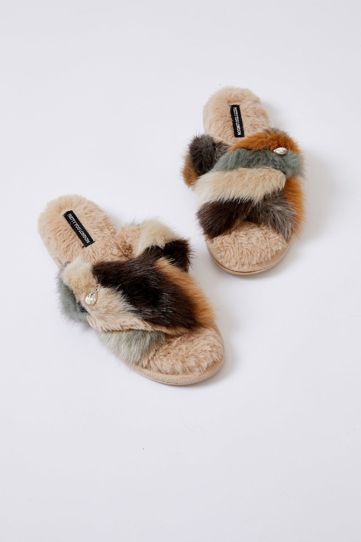 Blyss Multi Tone Faux Fur Cross Slippers Caramel