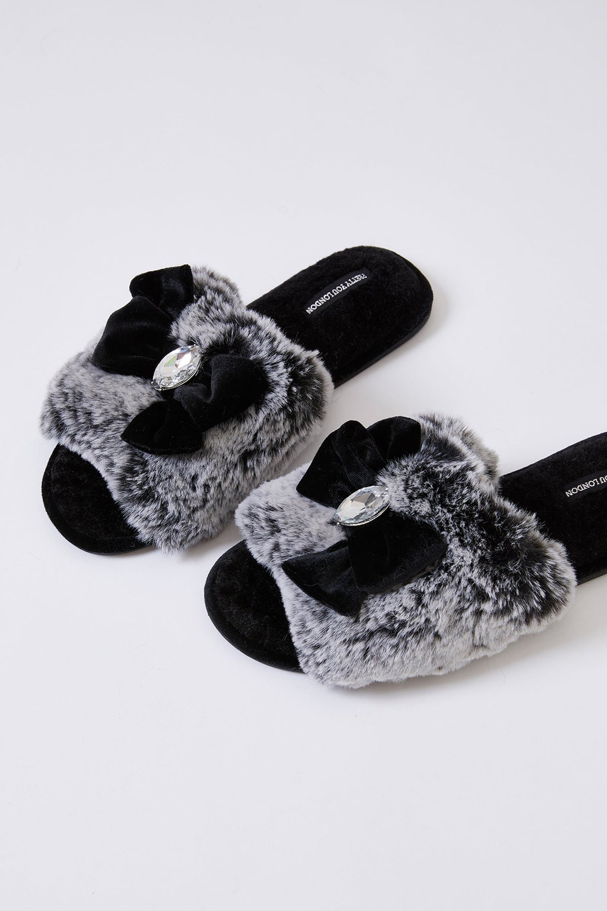Cleo Velvet Bow Faux Fur Slider Slippers Black