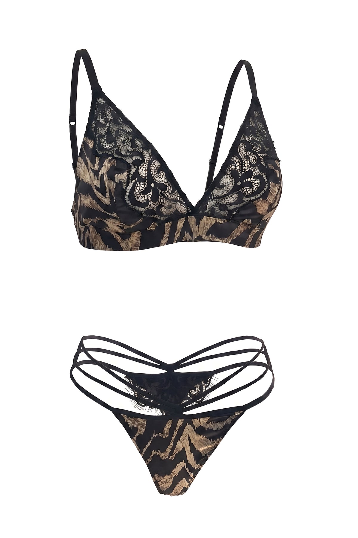 White Smoke Tiger Lace Silk Strappy Thong, Black