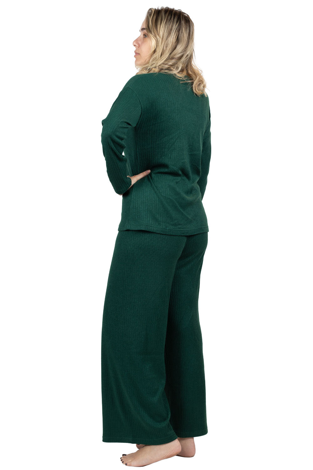 Green Ribbed V-Neck Lounge Set