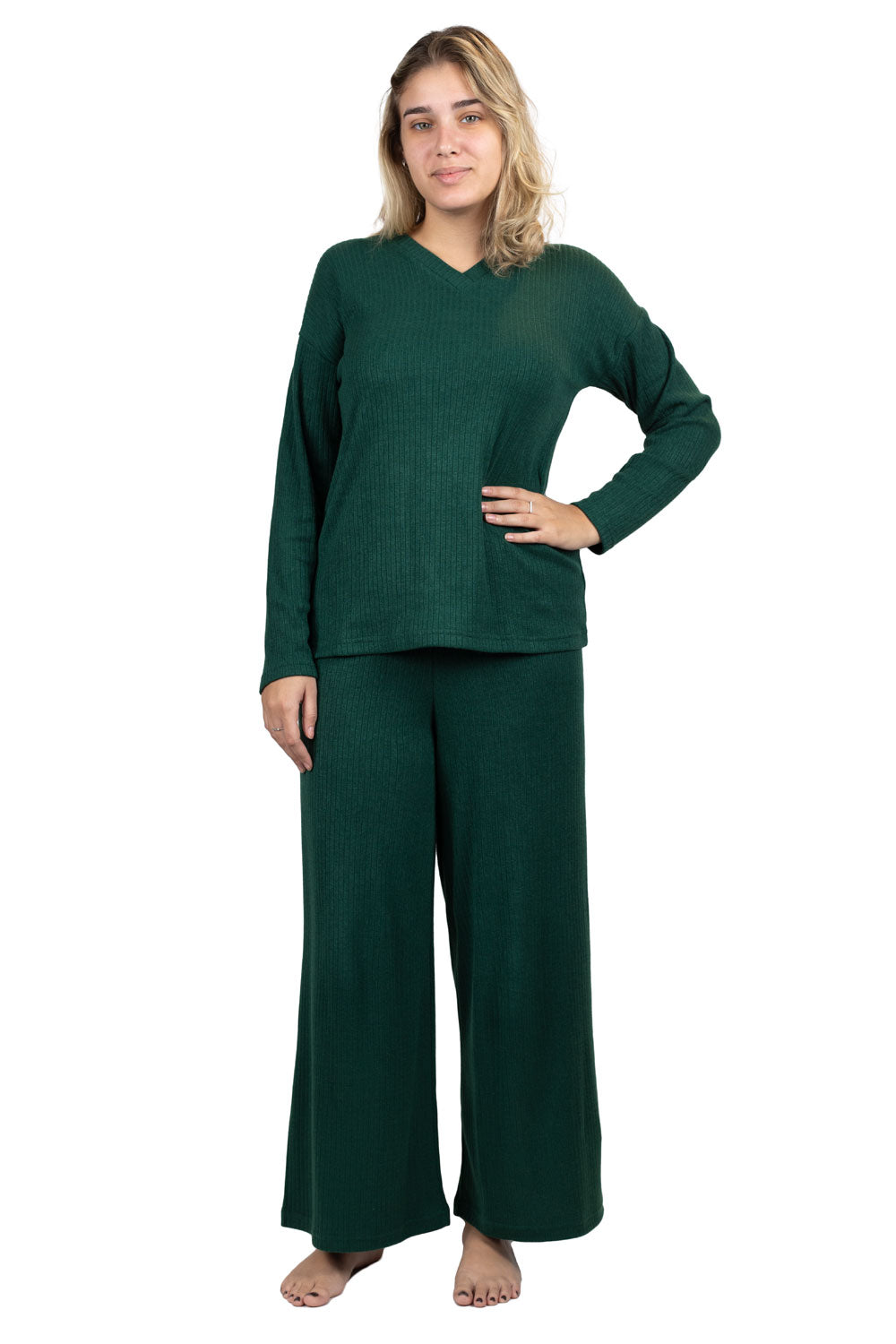 Green Ribbed V-Neck Lounge Set