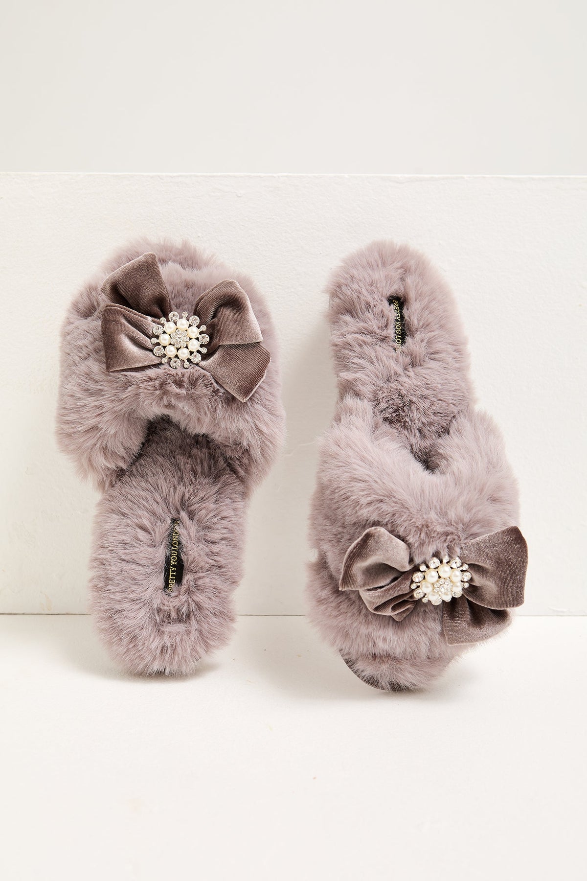 Anya Pearl Bow Faux Fur Slider Slippers Mink