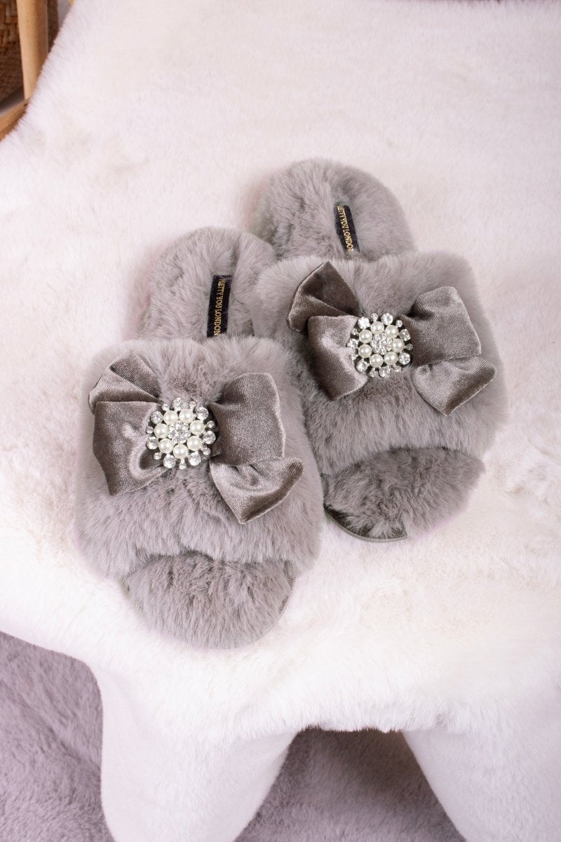 Anya Pearl Bow Faux Fur Slider Slippers Mink