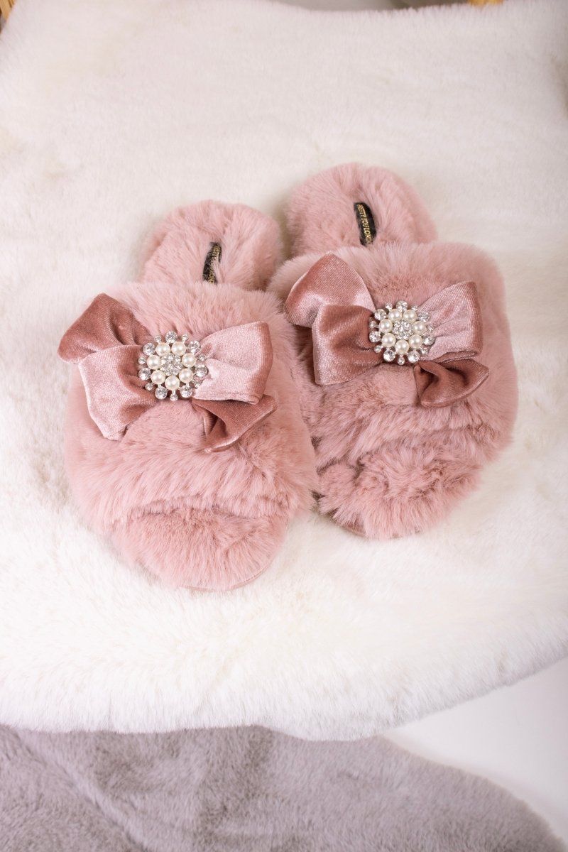 Anya Pearl Bow Faux Fur Slider Slippers Pink