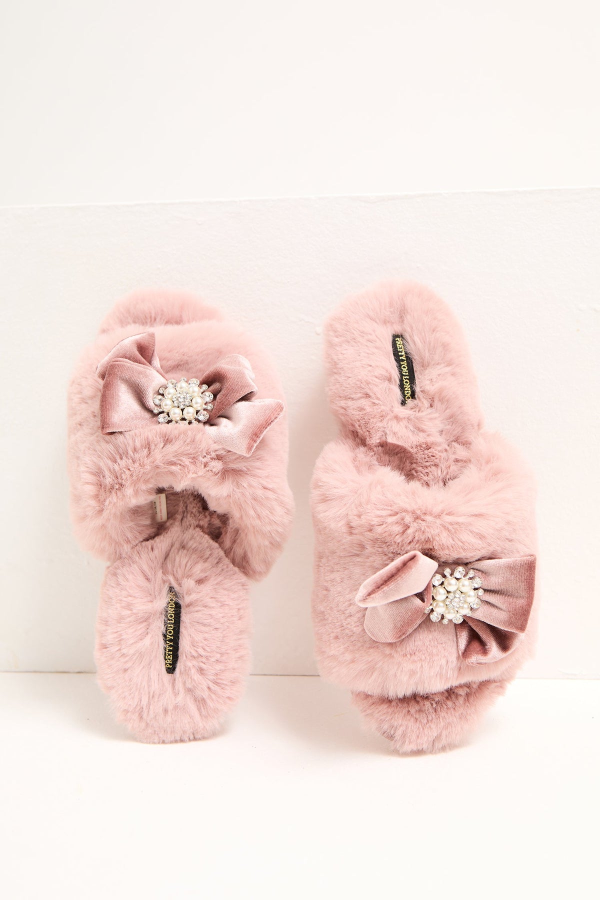 Anya Pearl Bow Faux Fur Slider Slippers Pink