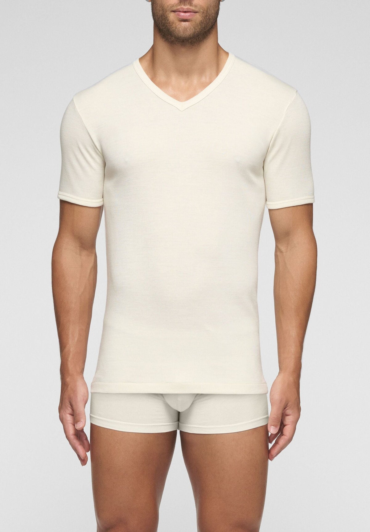 CAGI V-Neck T-Shirt 5329, Wool & Cotton Tandem, White