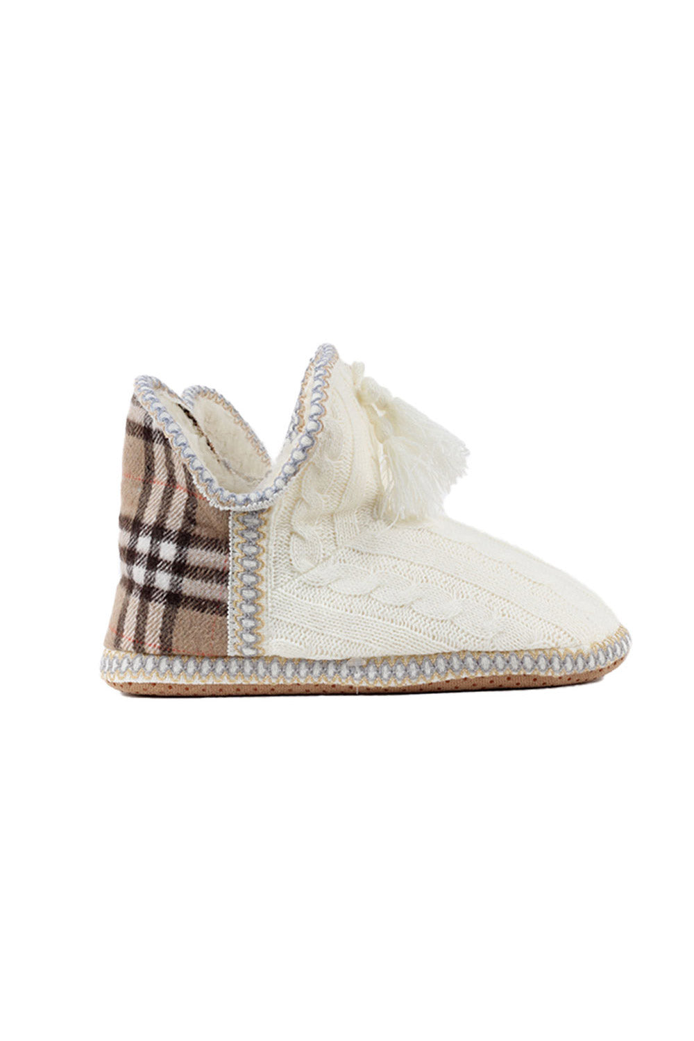 Cable Knit and Beige Tartan Home Booties with Tassels Ribbon