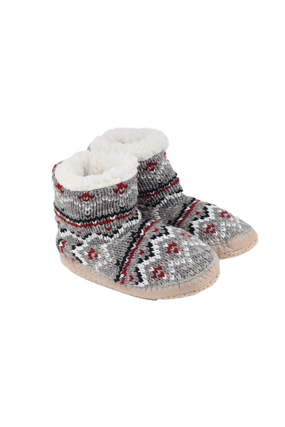 Knitted home booties with soft, fuzzy lining and non-slip sole. Machine washable and dryer safe.