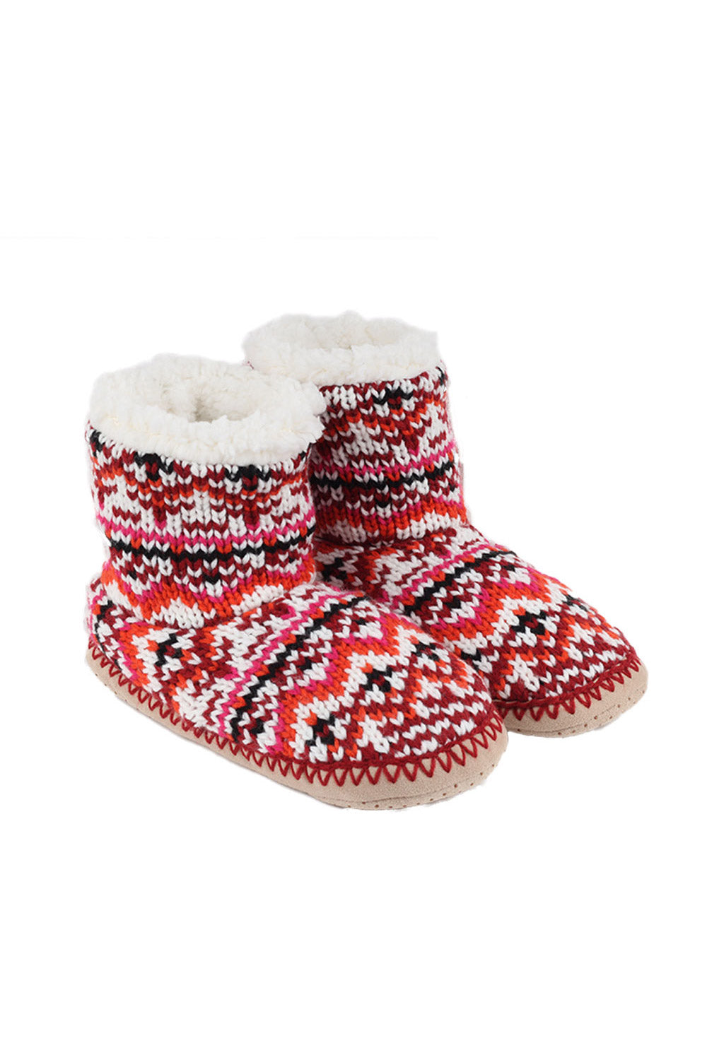 Knitted home booties with soft, fuzzy lining and non-slip sole. Machine washable and dryer safe.