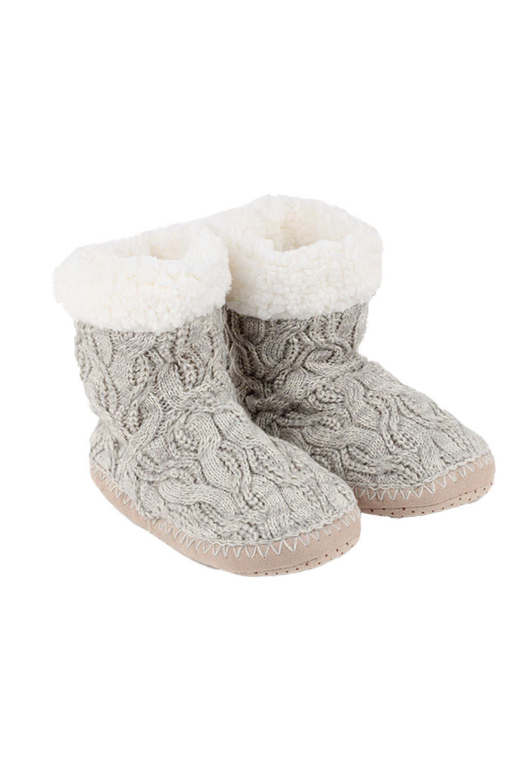 Cable knit home booties with faux sherpa lining and anti-slip sole.