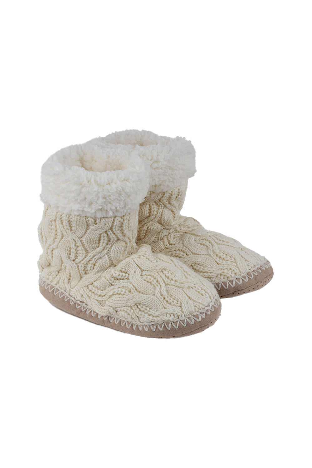 Cable knit home booties with faux sherpa lining and anti-slip sole.