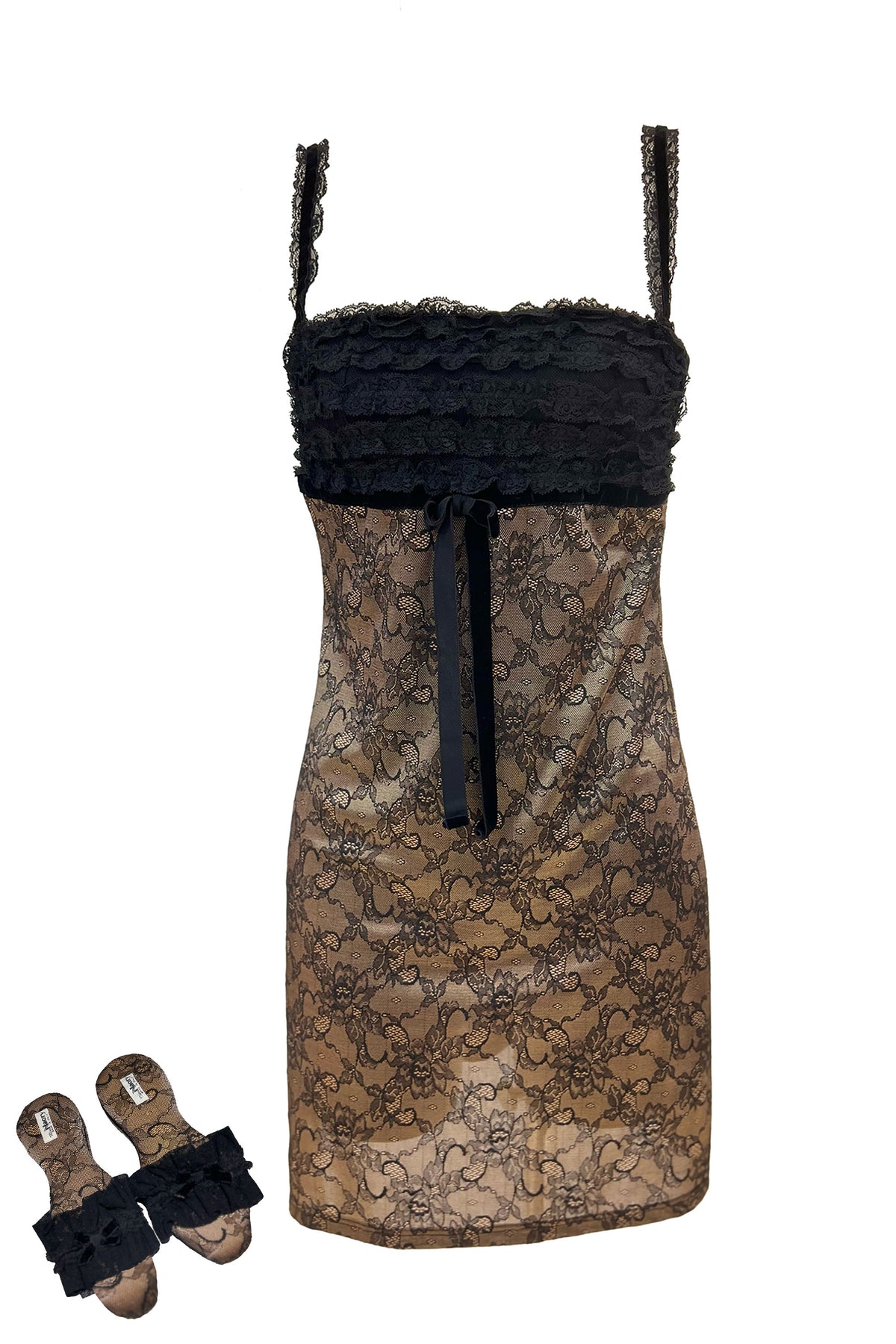 Black Lace Slip Dress & Lace Slippers Set