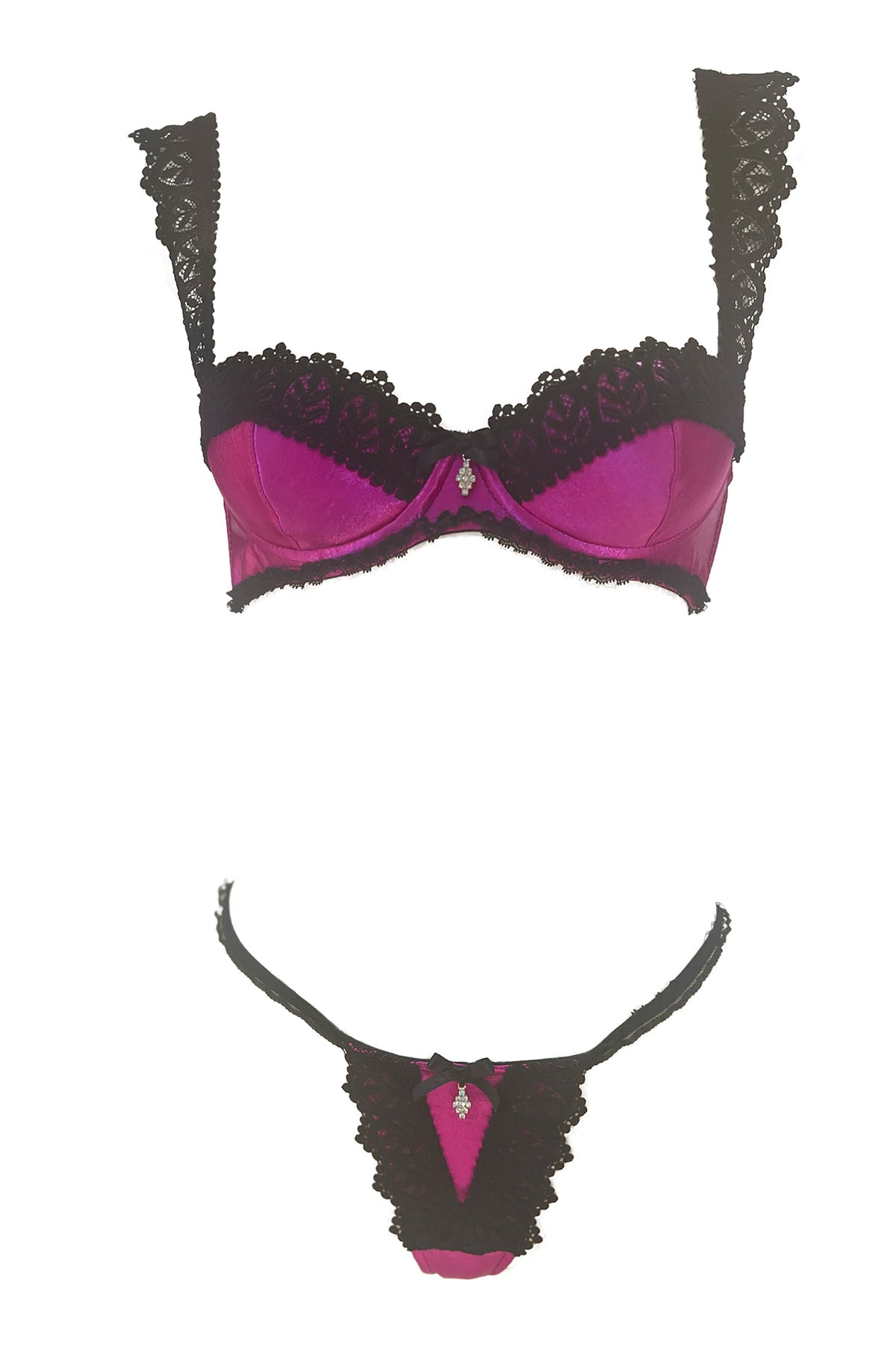 White Smoke Fuchsia Satin Bra & Thong Set