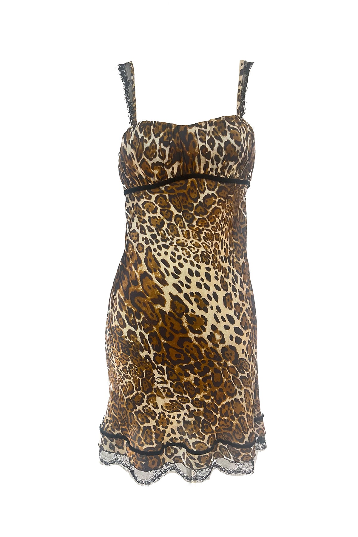 White Smoke Leopard Satin Chemise with Black Lace Hem