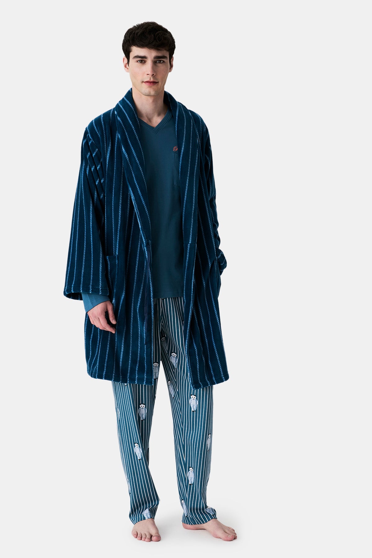Men's Pandastic Striped Fleece Robe