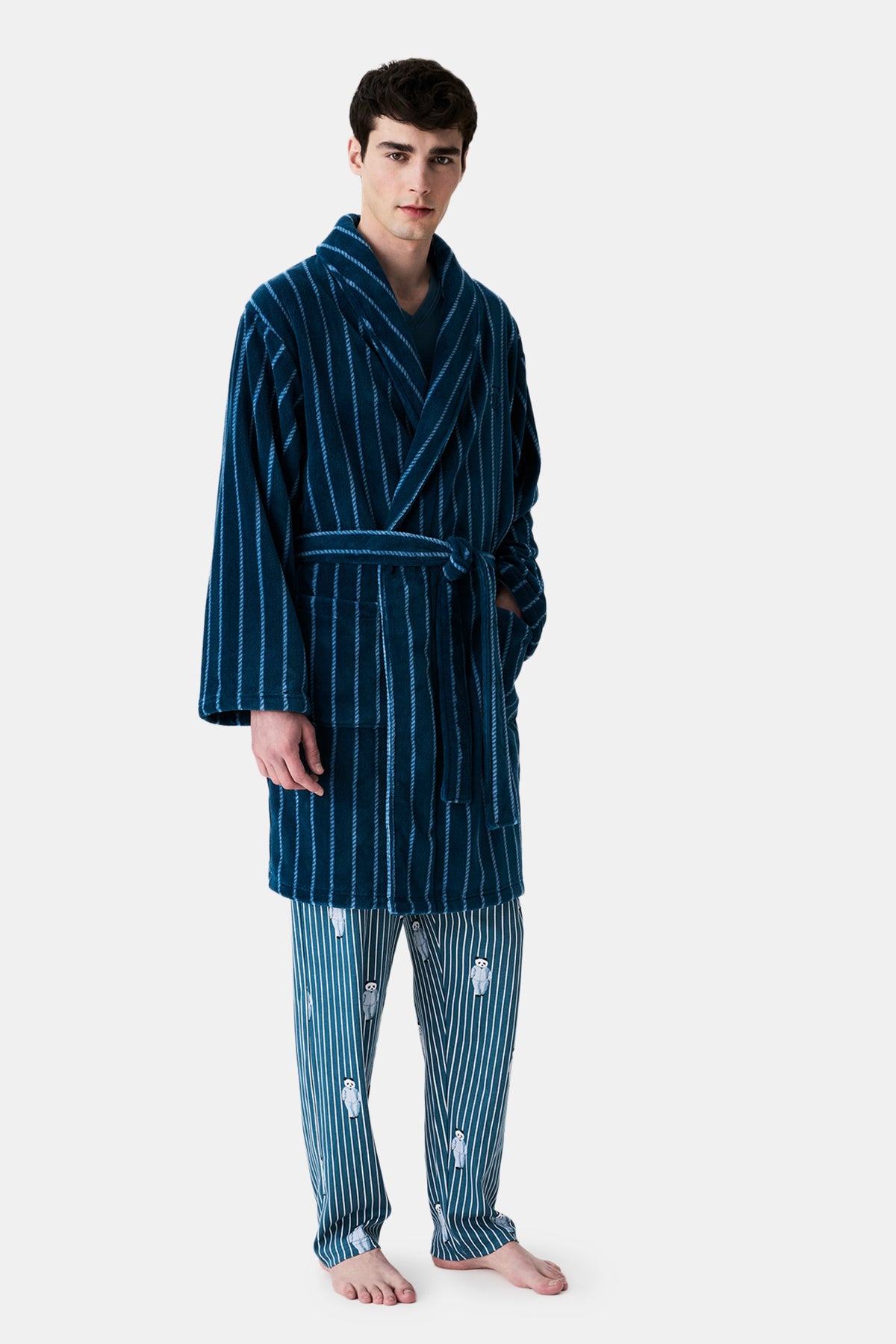 Men's Pandastic Striped Fleece Robe