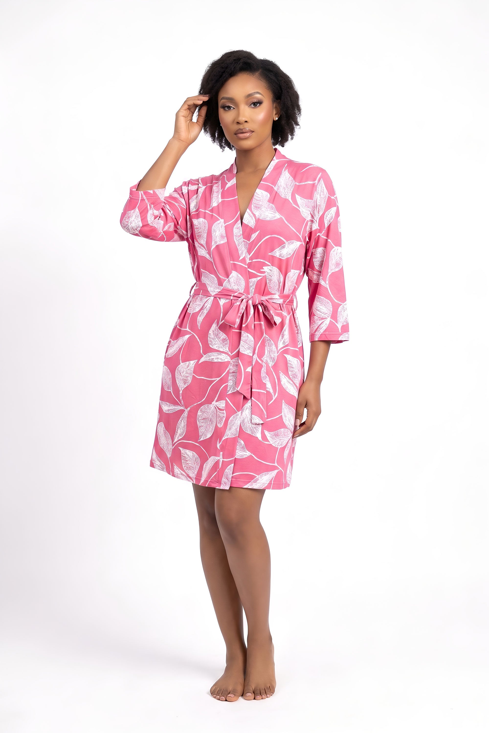 Pink Leaf Print Kimono Robe
