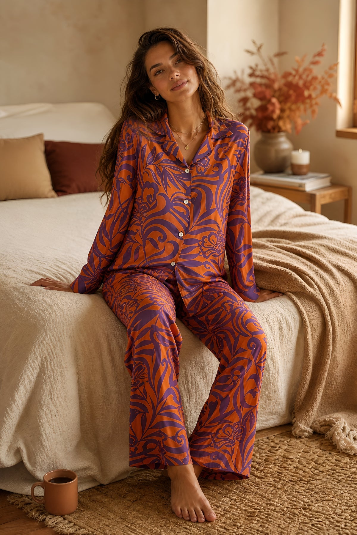 Purple & Orange Tropical Print Satin Pajama Set