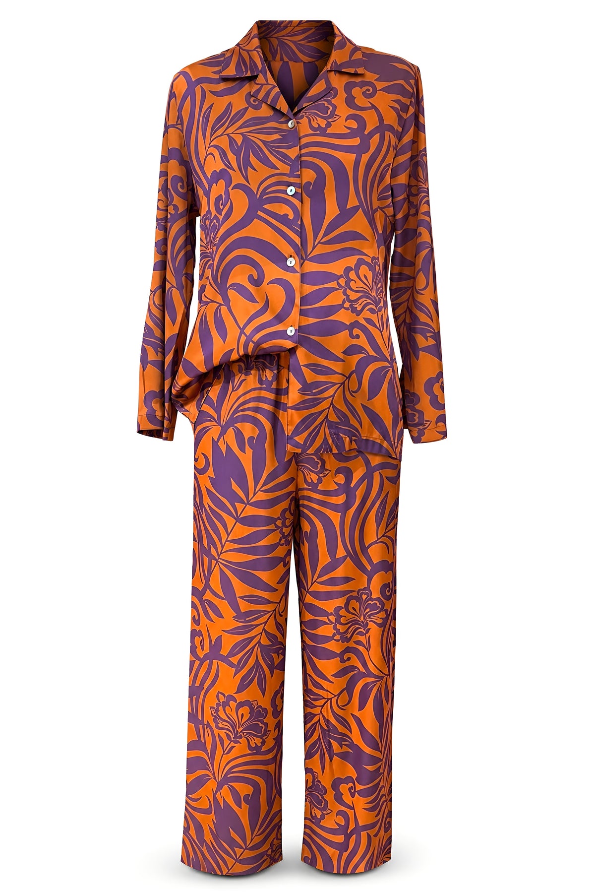 Purple & Orange Tropical Print Satin Pajama Set