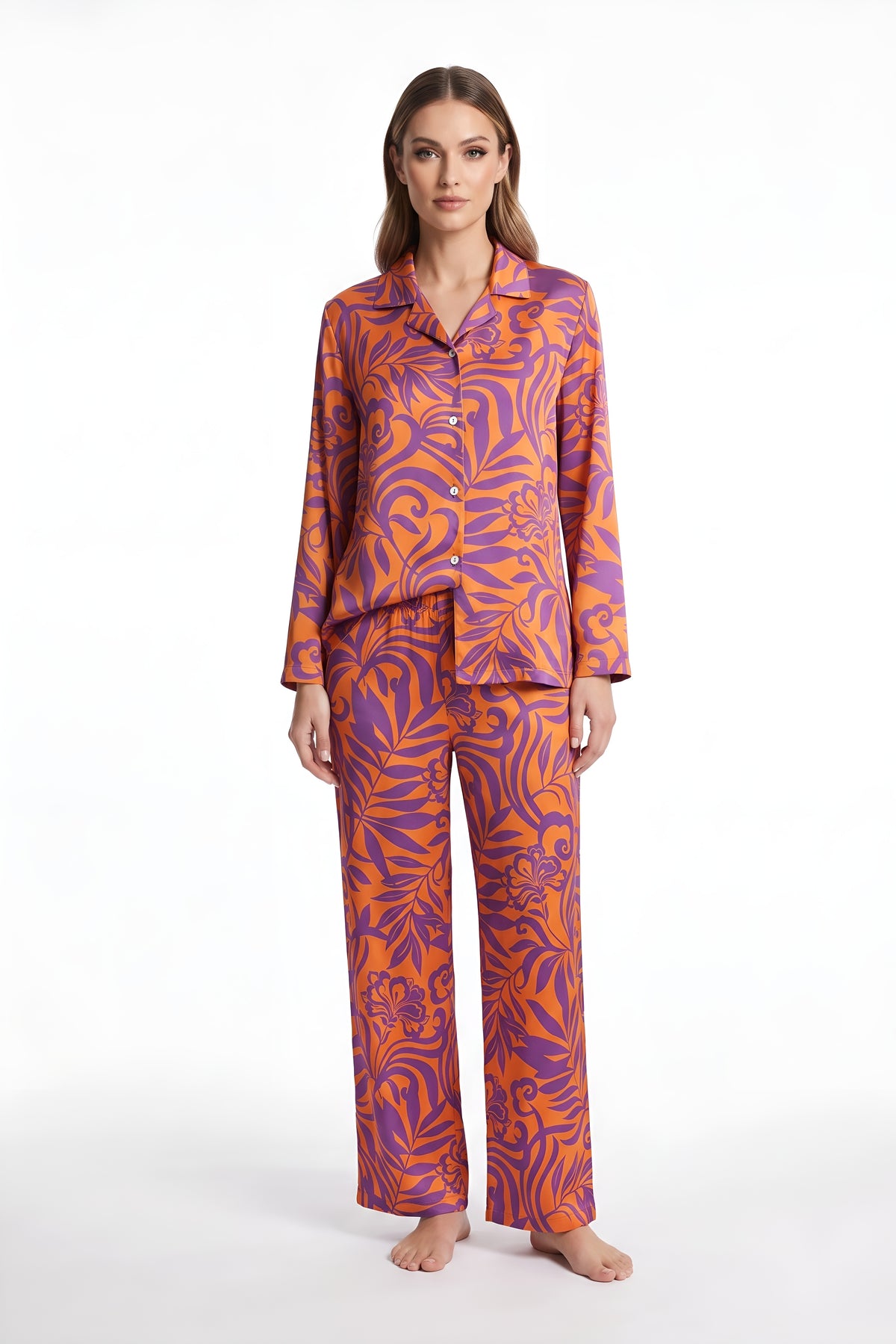 Purple & Orange Tropical Print Satin Pajama Set
