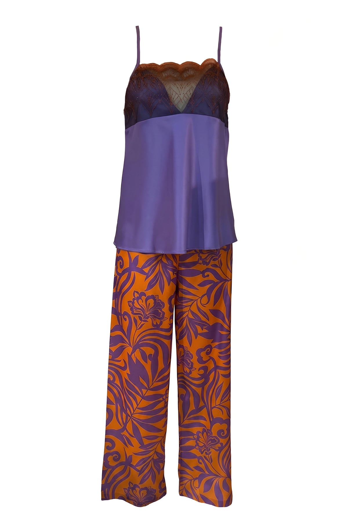 Purple Lace-Trim Cami & Tropical Print Pajama Set