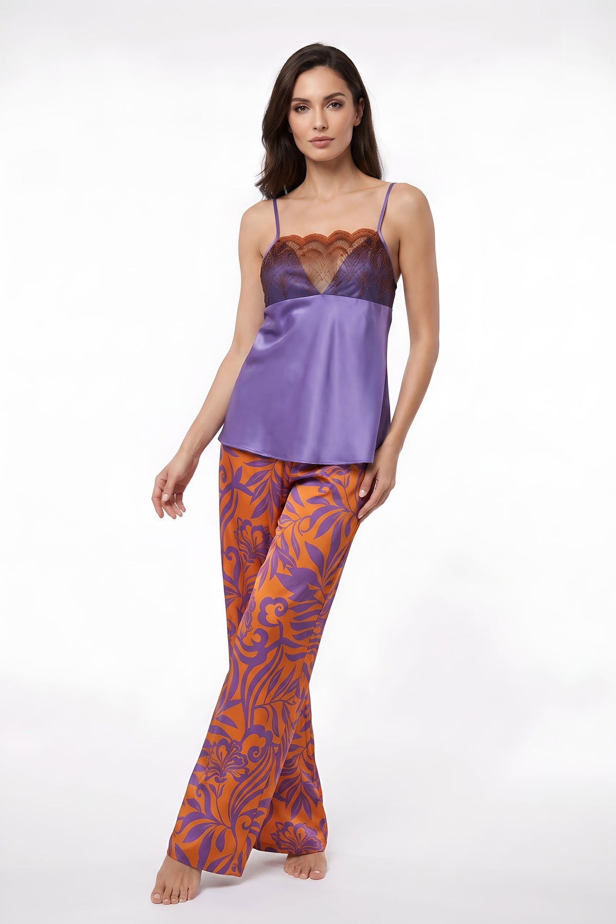 Purple Lace-Trim Cami & Tropical Print Pajama Set