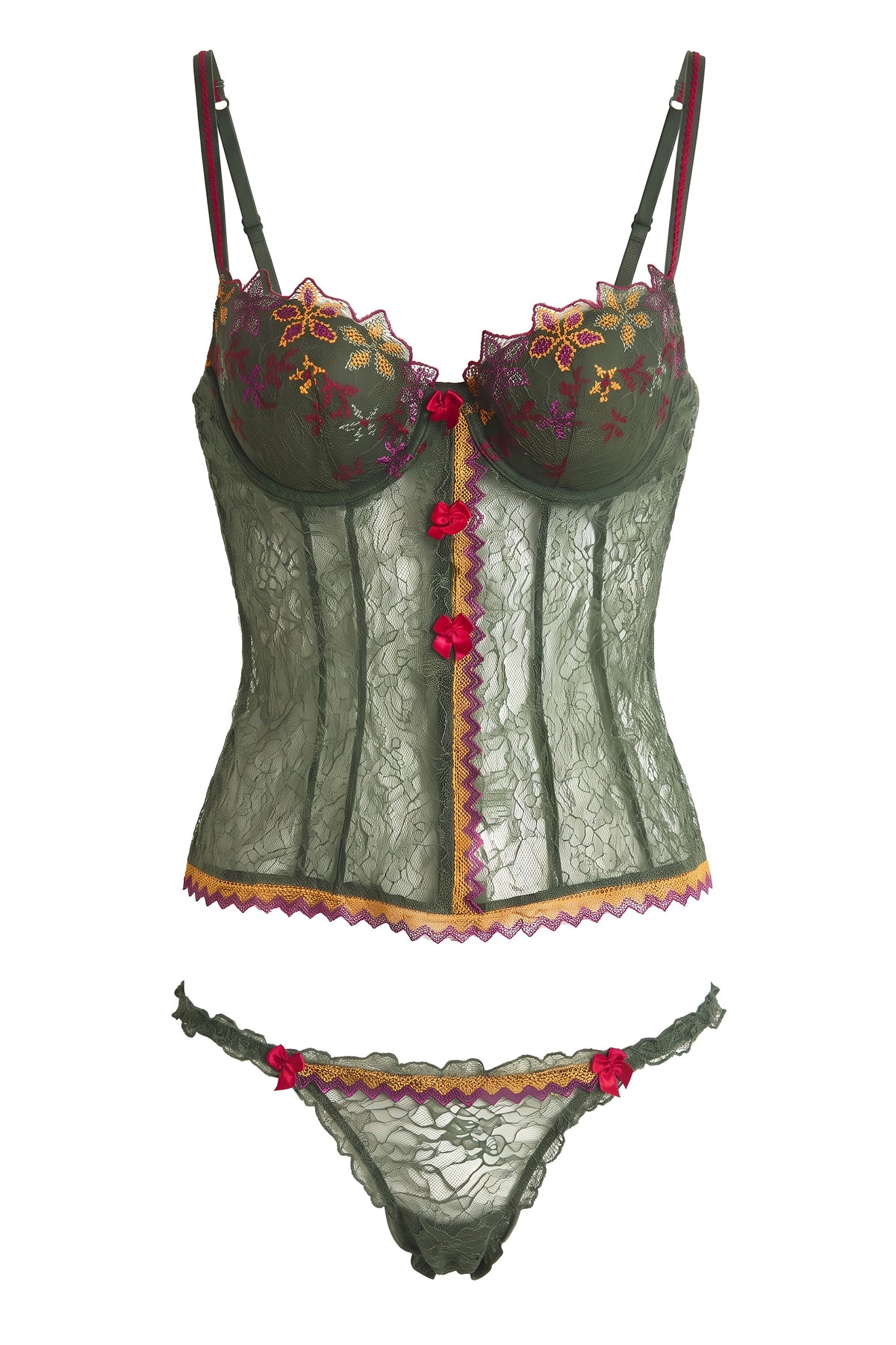 White Smoke Olive Floral Lace Bustier & Thong Set