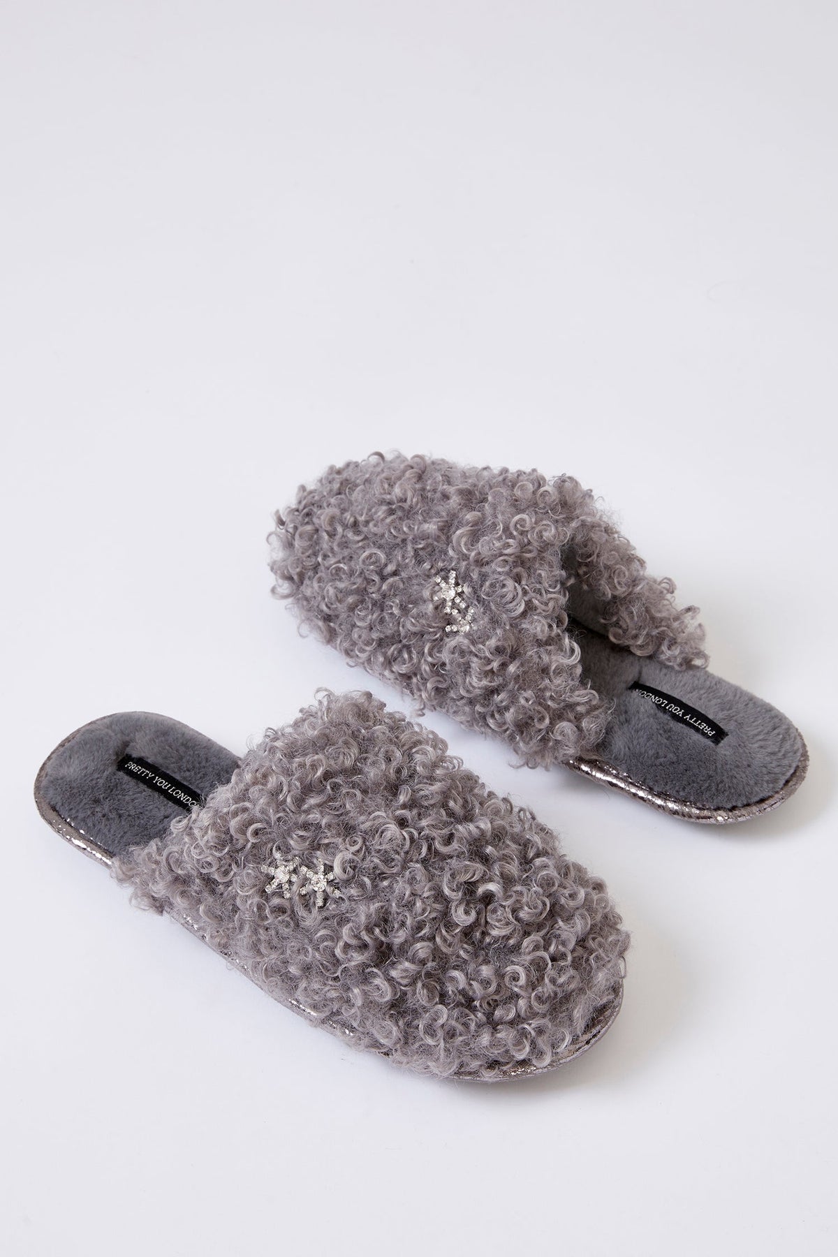 Beau Curly Faux Fur Mule Slippers Grey