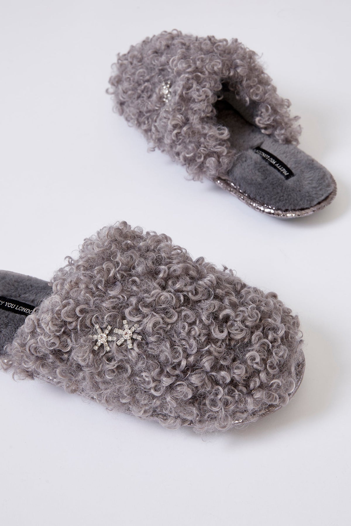 Beau Curly Faux Fur Mule Slippers Grey