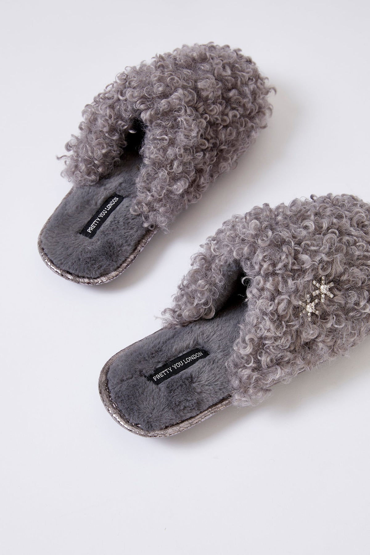 Beau Curly Faux Fur Mule Slippers Grey