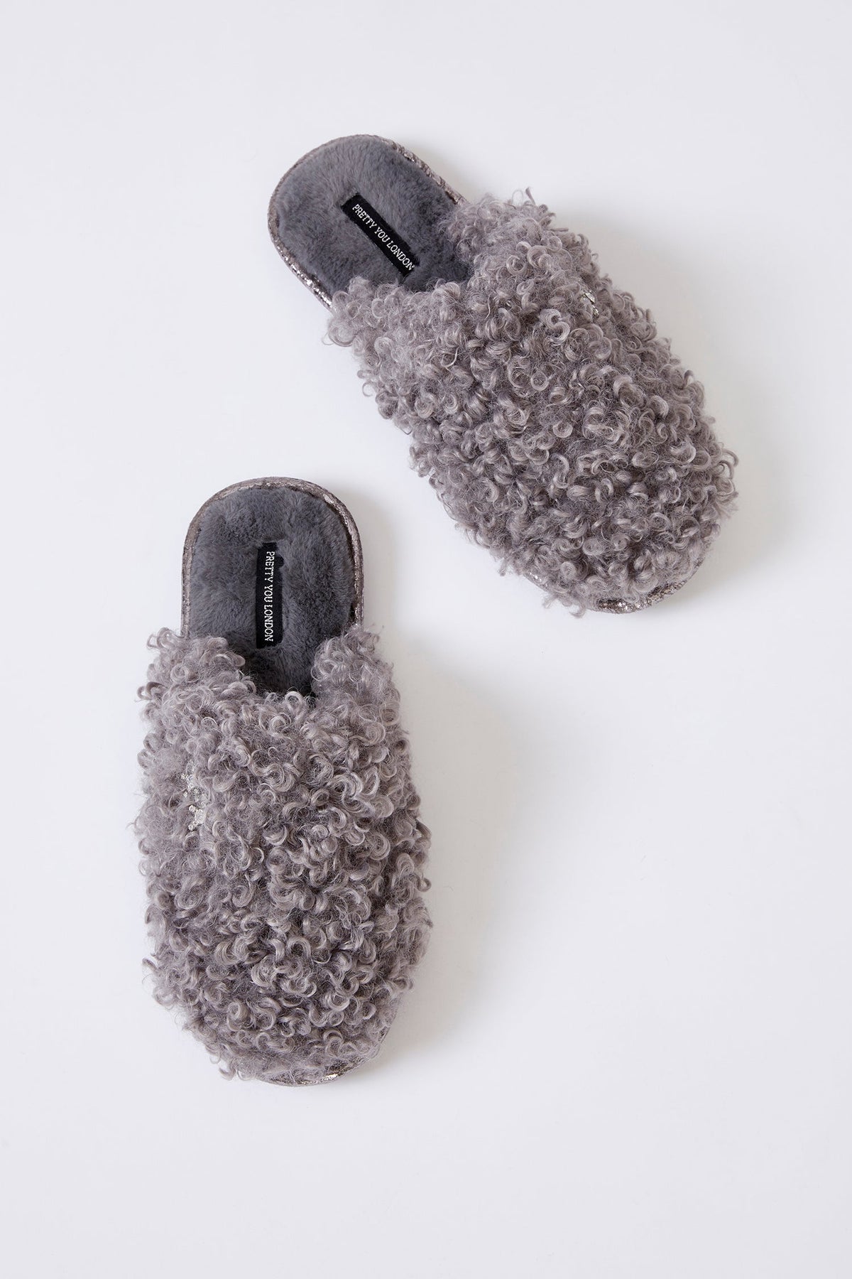 Beau Curly Faux Fur Mule Slippers Grey