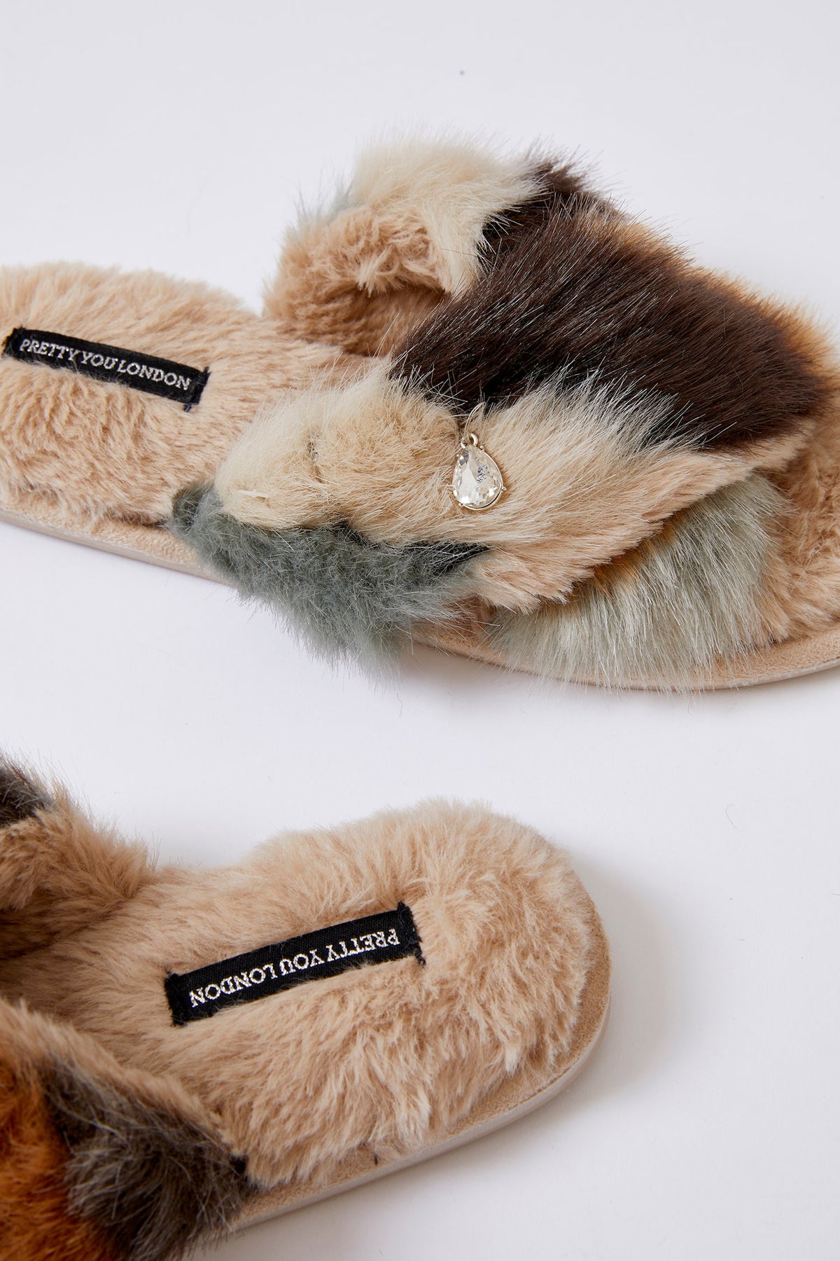 Blyss Multi Tone Faux Fur Cross Slippers Caramel