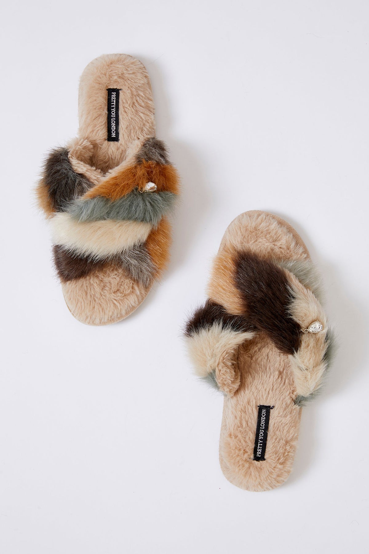 Blyss Multi Tone Faux Fur Cross Slippers Caramel