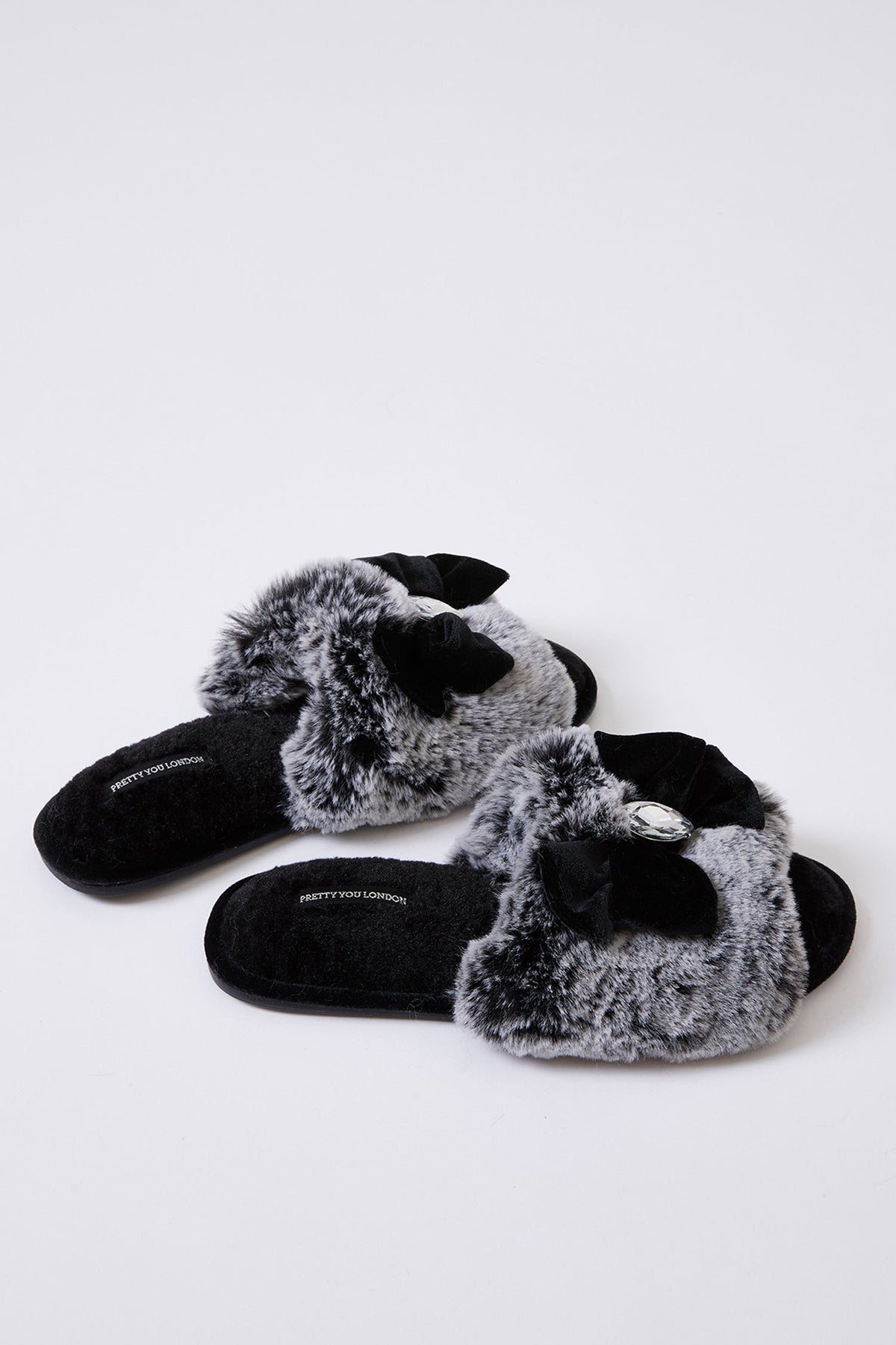 Cleo Velvet Bow Faux Fur Slider Slippers Black