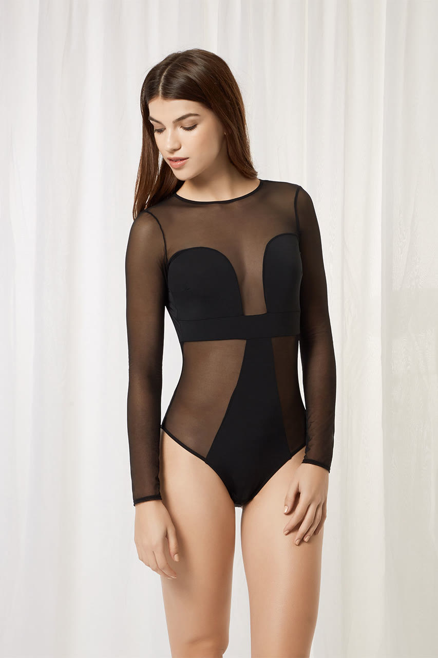 Black Reed Mesh Long Sleeve Bodysuit